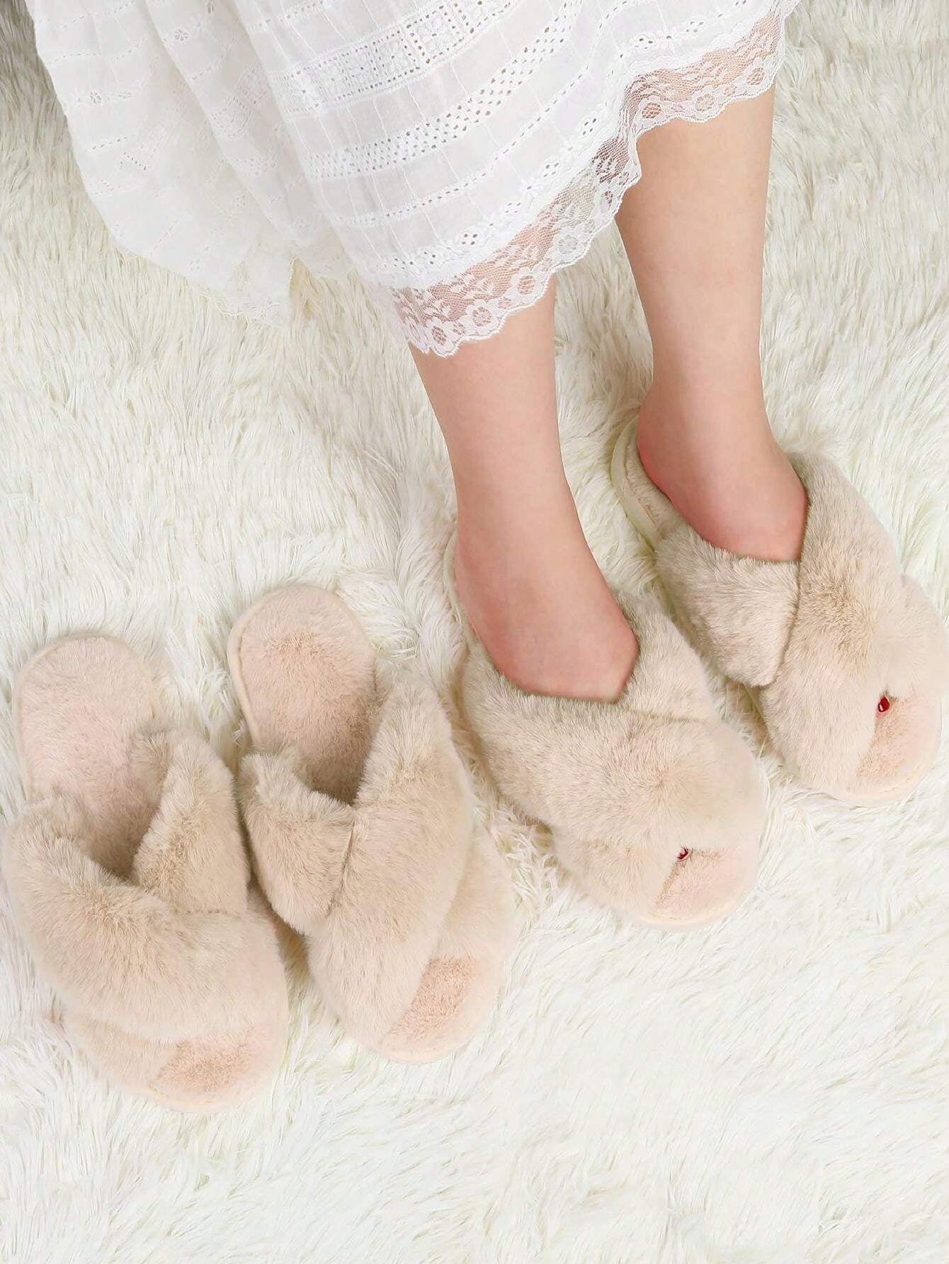 2Pair Womens Fuzzy Fluffy Slippers - Cozy, Soft, Comfy, Relax Fluffy Slippers, Cross Band, Open Toe, Non-Slip Womens Slippers, Indoor and Outdoor Fluffy Slippers, Fuzzy Slippers