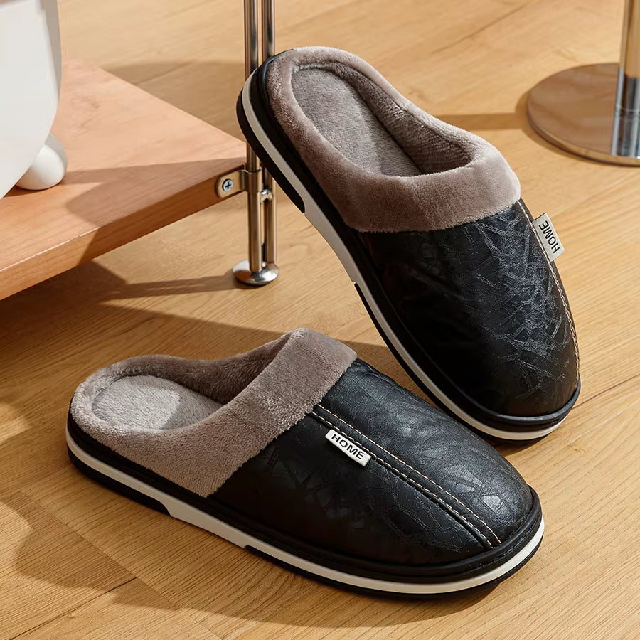 PU Leather Big Sizes Men Slippers Indoor Waterproof Fur Flat Men'S Winter Home Slipper Cotton Bedroom Houseshoes