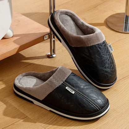PU Leather Big Sizes Men Slippers Indoor Waterproof Fur Flat Men'S Winter Home Slipper Cotton Bedroom Houseshoes