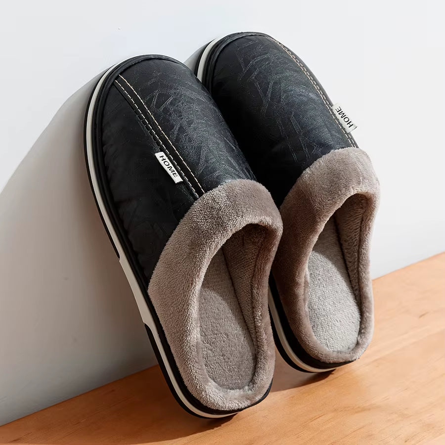 PU Leather Big Sizes Men Slippers Indoor Waterproof Fur Flat Men'S Winter Home Slipper Cotton Bedroom Houseshoes