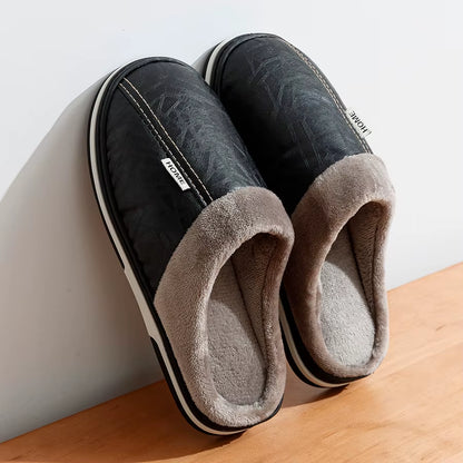 PU Leather Big Sizes Men Slippers Indoor Waterproof Fur Flat Men'S Winter Home Slipper Cotton Bedroom Houseshoes