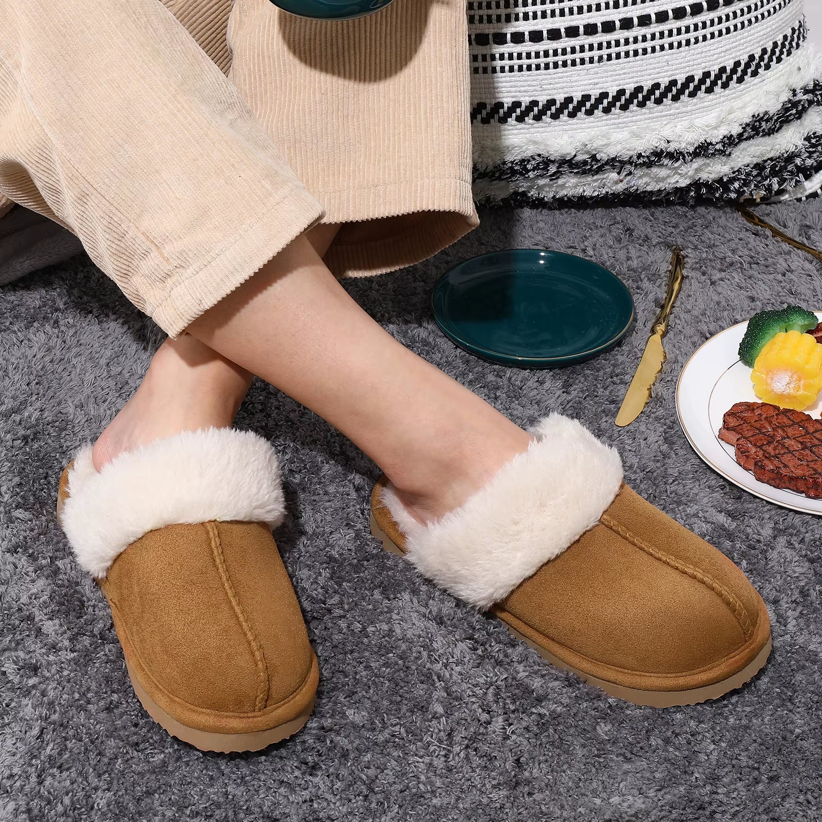 Winter Fur Slippers for Women Fluffy Fuzzy House Slippers Memory Foam Plush Slippers Indoor Non-Slip Cotton Slippers