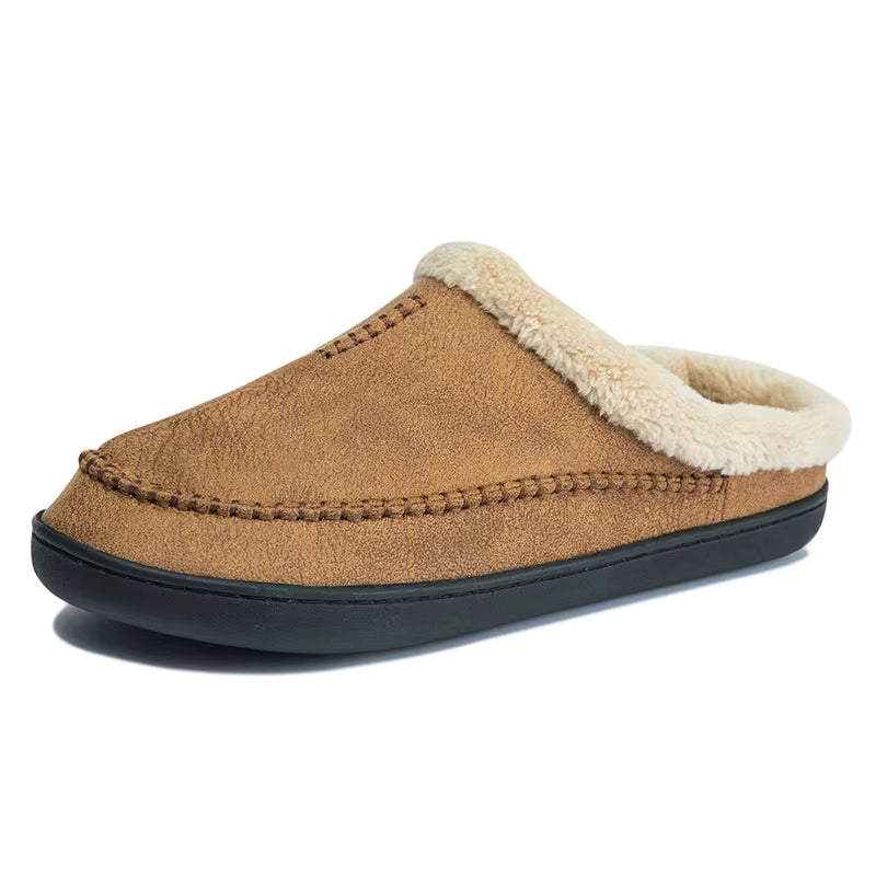 Men'S Slippers Home Winter Indoor Plush Warm Shoes Thick Bottom Plush Waterproof Leather House Slippers Man Suede Cotton Shoes