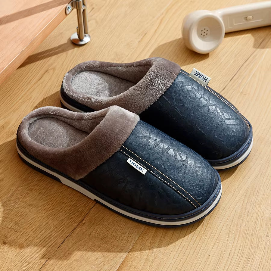 PU Leather Big Sizes Men Slippers Indoor Waterproof Fur Flat Men'S Winter Home Slipper Cotton Bedroom Houseshoes