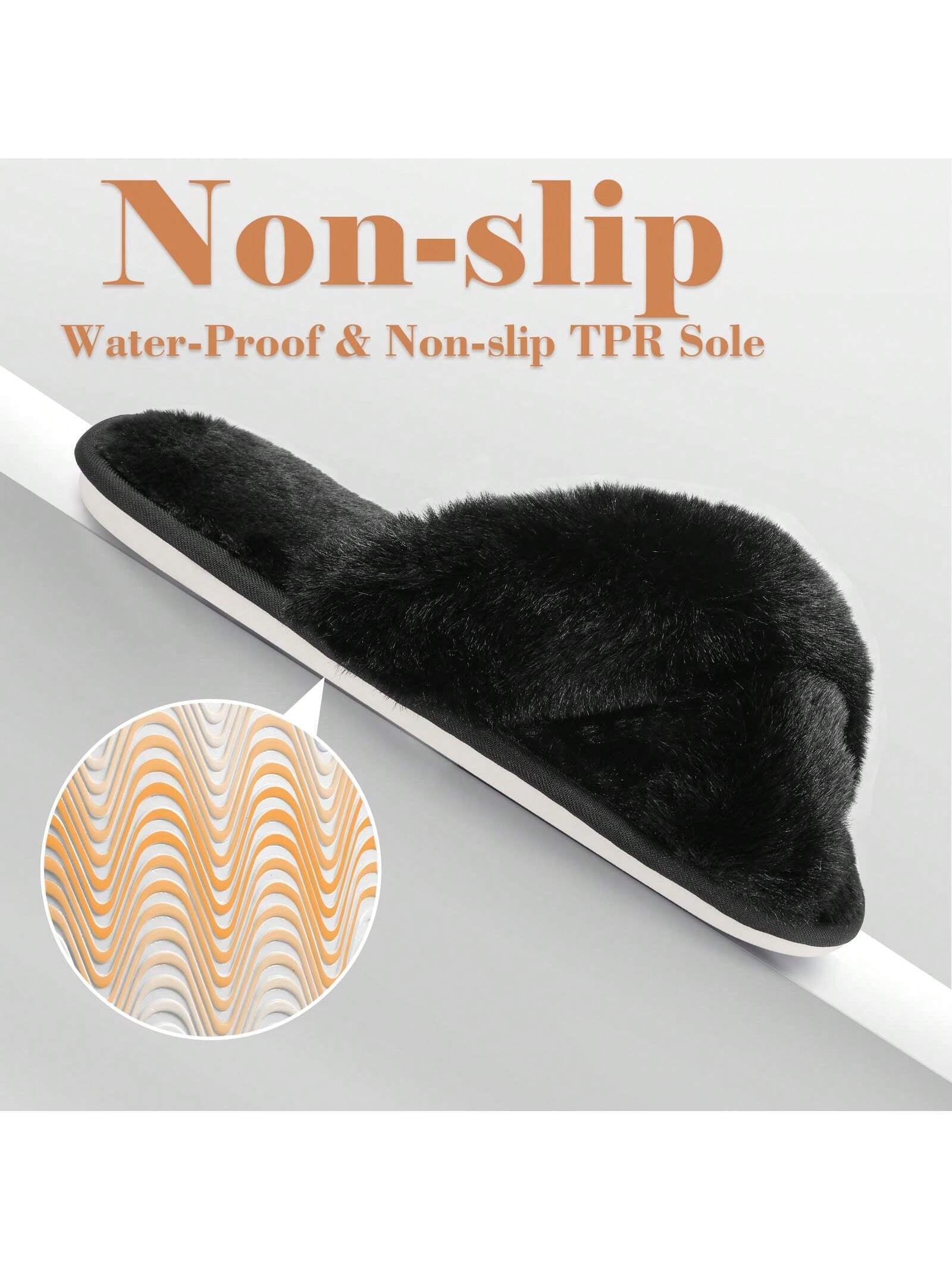 2Pair Womens Fuzzy Fluffy Slippers - Cozy, Soft, Comfy, Relax Fluffy Slippers, Cross Band, Open Toe, Non-Slip Womens Slippers, Indoor and Outdoor Fluffy Slippers, Fuzzy Slippers
