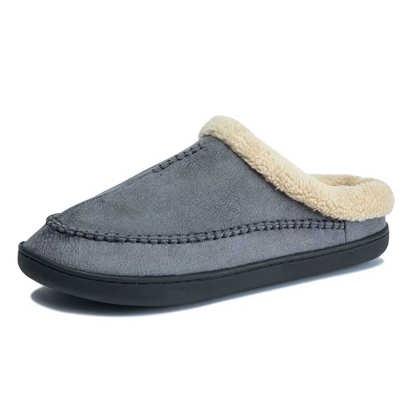 Men'S Slippers Home Winter Indoor Plush Warm Shoes Thick Bottom Plush Waterproof Leather House Slippers Man Suede Cotton Shoes