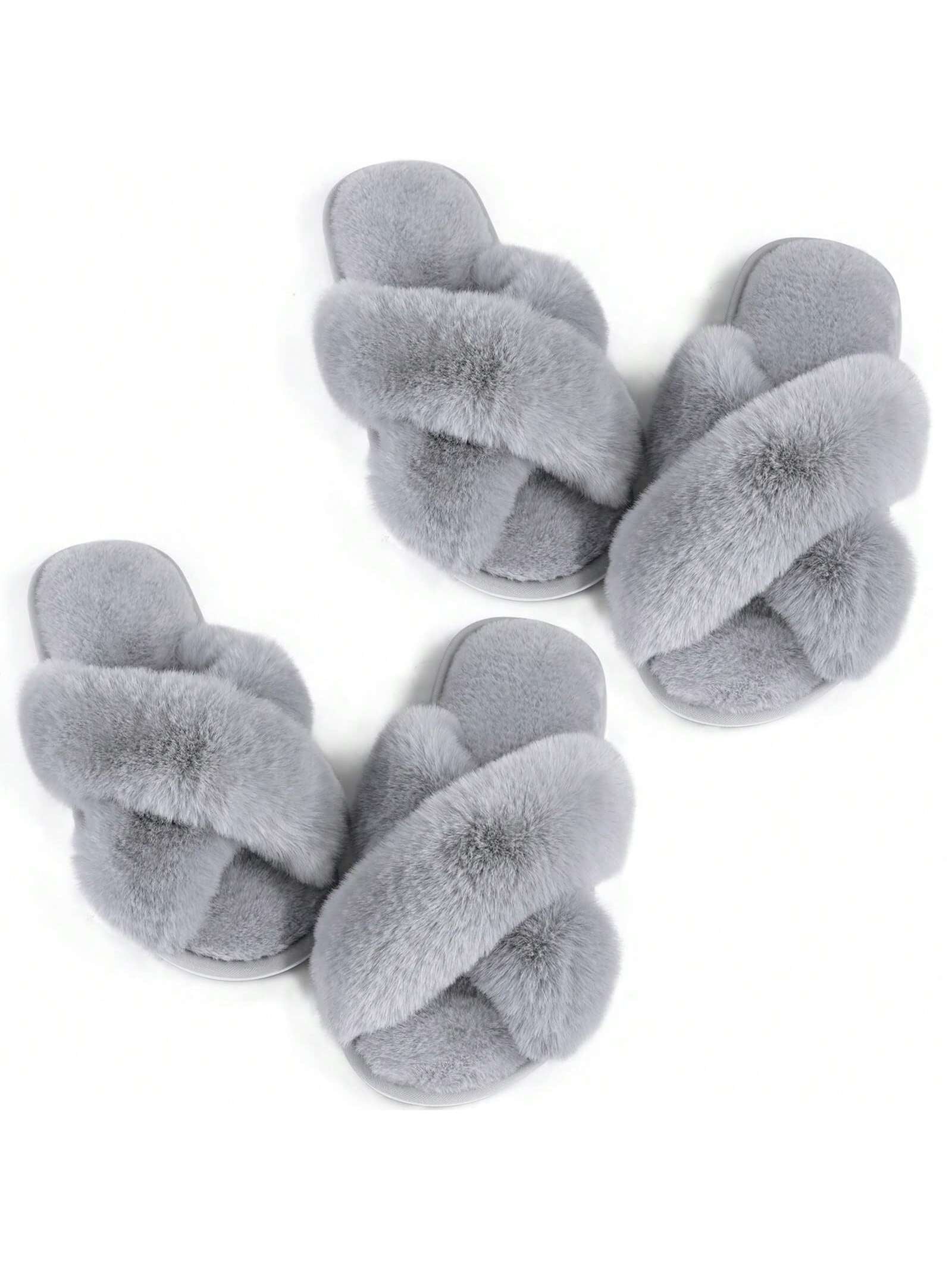 2Pair Womens Fuzzy Fluffy Slippers - Cozy, Soft, Comfy, Relax Fluffy Slippers, Cross Band, Open Toe, Non-Slip Womens Slippers, Indoor and Outdoor Fluffy Slippers, Fuzzy Slippers