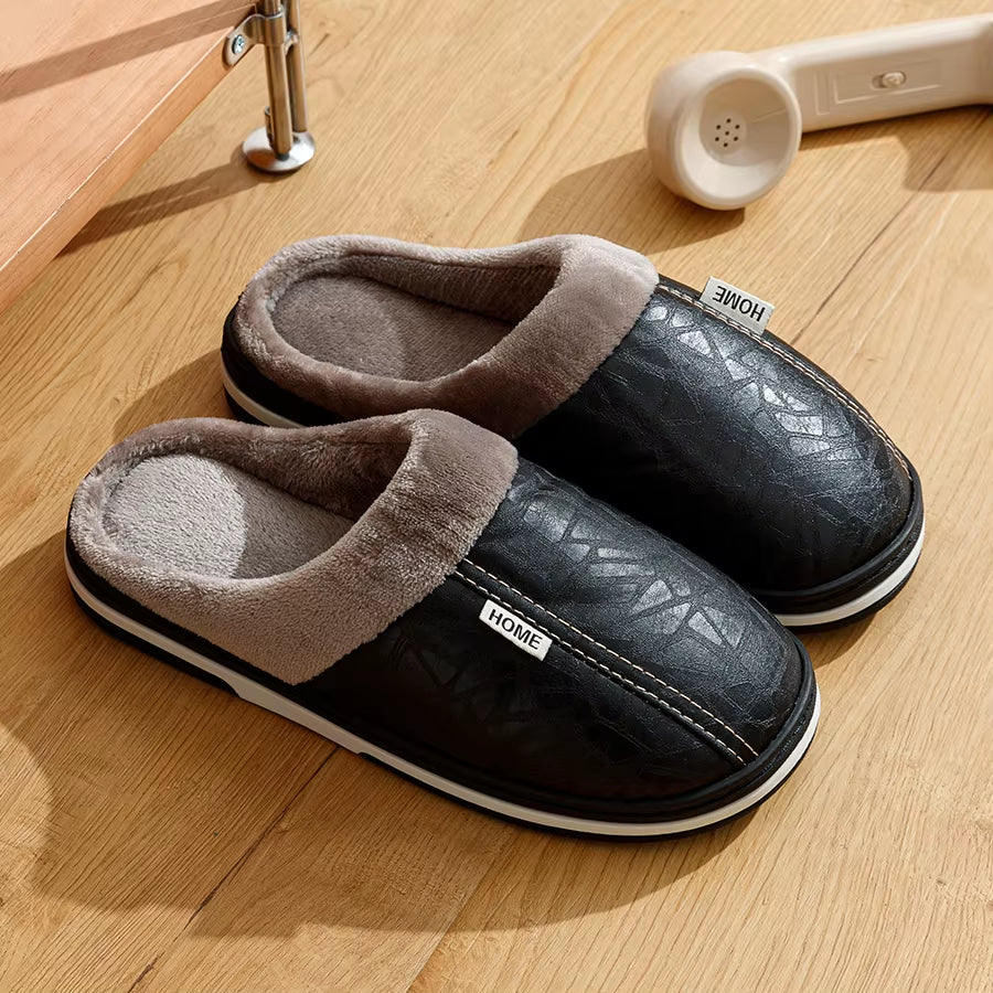 PU Leather Big Sizes Men Slippers Indoor Waterproof Fur Flat Men'S Winter Home Slipper Cotton Bedroom Houseshoes