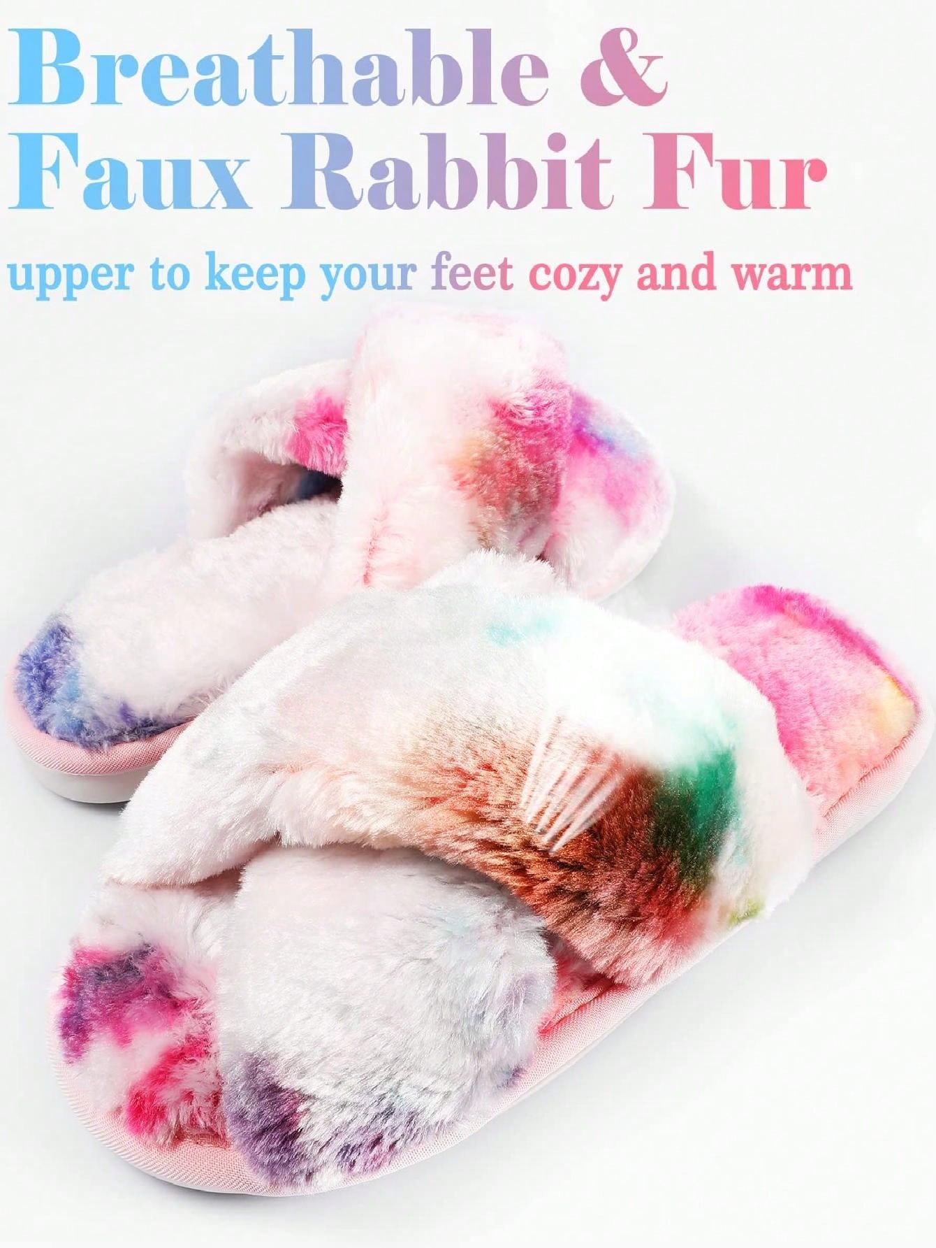 2Pair Womens Fuzzy Fluffy Slippers - Cozy, Soft, Comfy, Relax Fluffy Slippers, Cross Band, Open Toe, Non-Slip Womens Slippers, Indoor and Outdoor Fluffy Slippers, Fuzzy Slippers