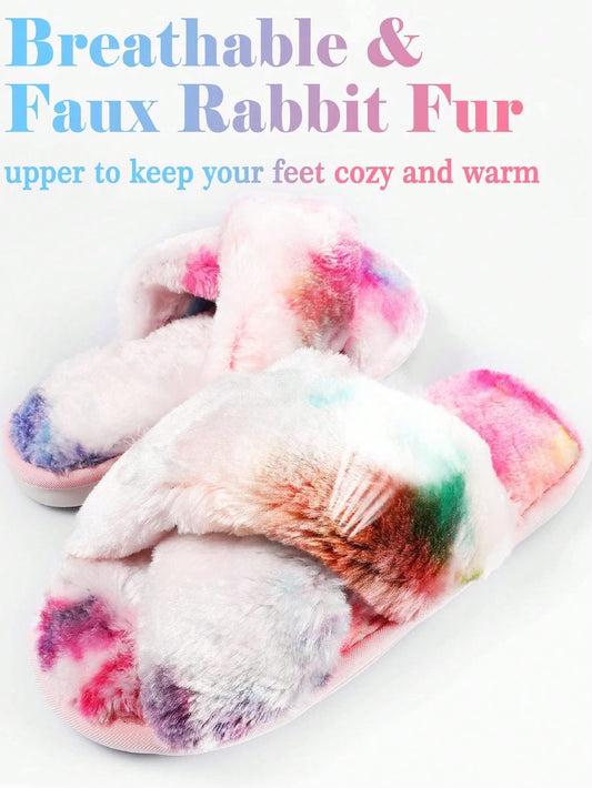 2Pair Womens Fuzzy Fluffy Slippers - Cozy, Soft, Comfy, Relax Fluffy Slippers, Cross Band, Open Toe, Non-Slip Womens Slippers, Indoor and Outdoor Fluffy Slippers, Fuzzy Slippers