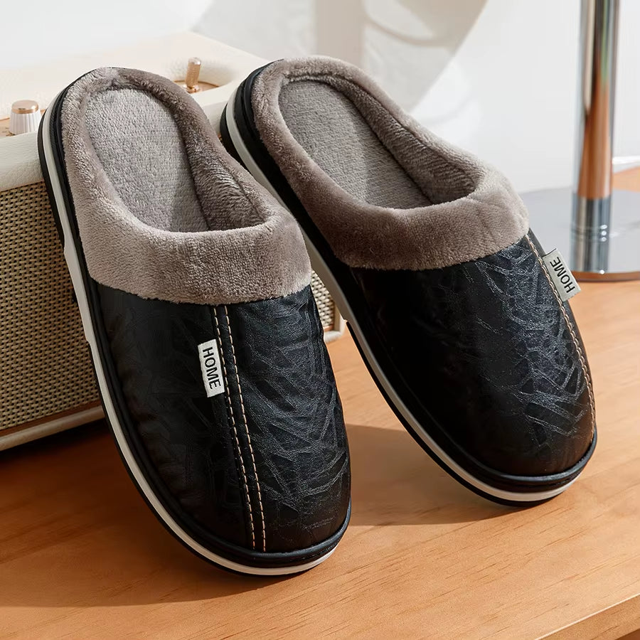 PU Leather Big Sizes Men Slippers Indoor Waterproof Fur Flat Men'S Winter Home Slipper Cotton Bedroom Houseshoes