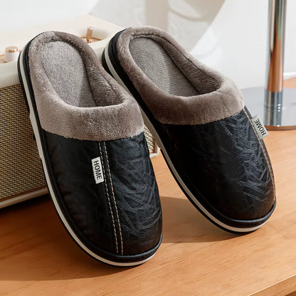 PU Leather Big Sizes Men Slippers Indoor Waterproof Fur Flat Men'S Winter Home Slipper Cotton Bedroom Houseshoes