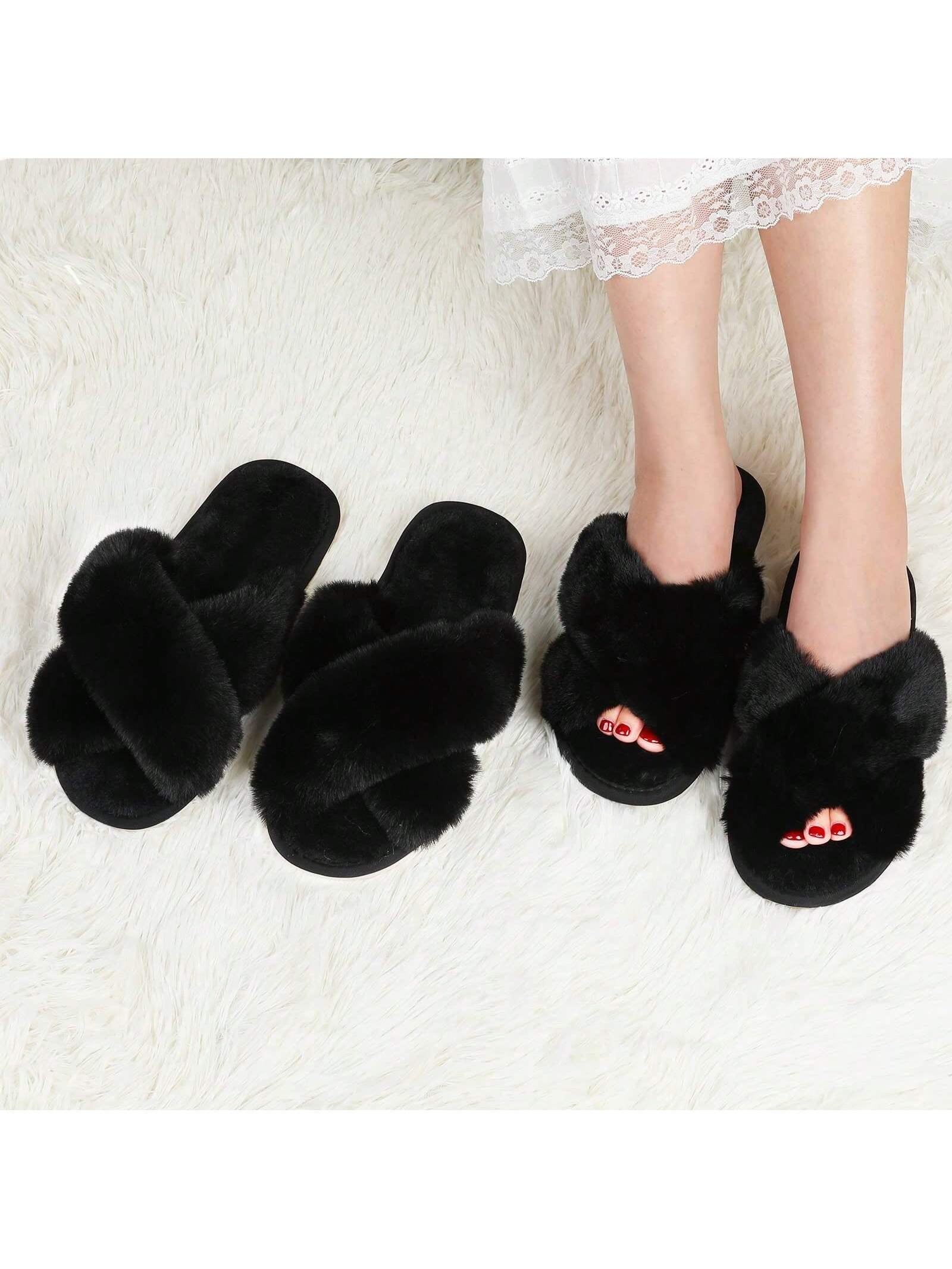 2Pair Womens Fuzzy Fluffy Slippers - Cozy, Soft, Comfy, Relax Fluffy Slippers, Cross Band, Open Toe, Non-Slip Womens Slippers, Indoor and Outdoor Fluffy Slippers, Fuzzy Slippers