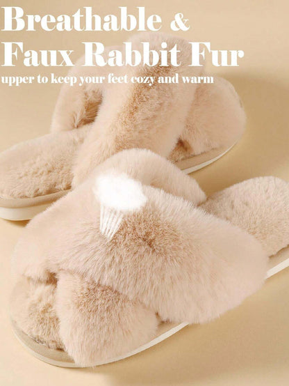 2Pair Womens Fuzzy Fluffy Slippers - Cozy, Soft, Comfy, Relax Fluffy Slippers, Cross Band, Open Toe, Non-Slip Womens Slippers, Indoor and Outdoor Fluffy Slippers, Fuzzy Slippers