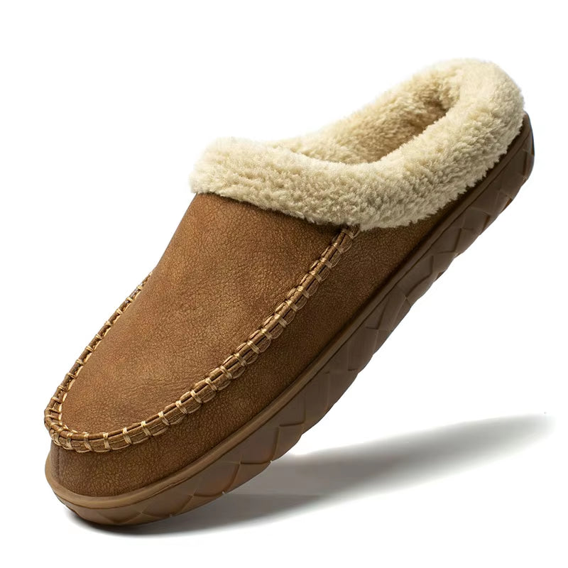 Men'S Slippers Home Winter Indoor Plush Warm Shoes Thick Bottom Plush Waterproof Leather House Slippers Man Suede Cotton Shoes