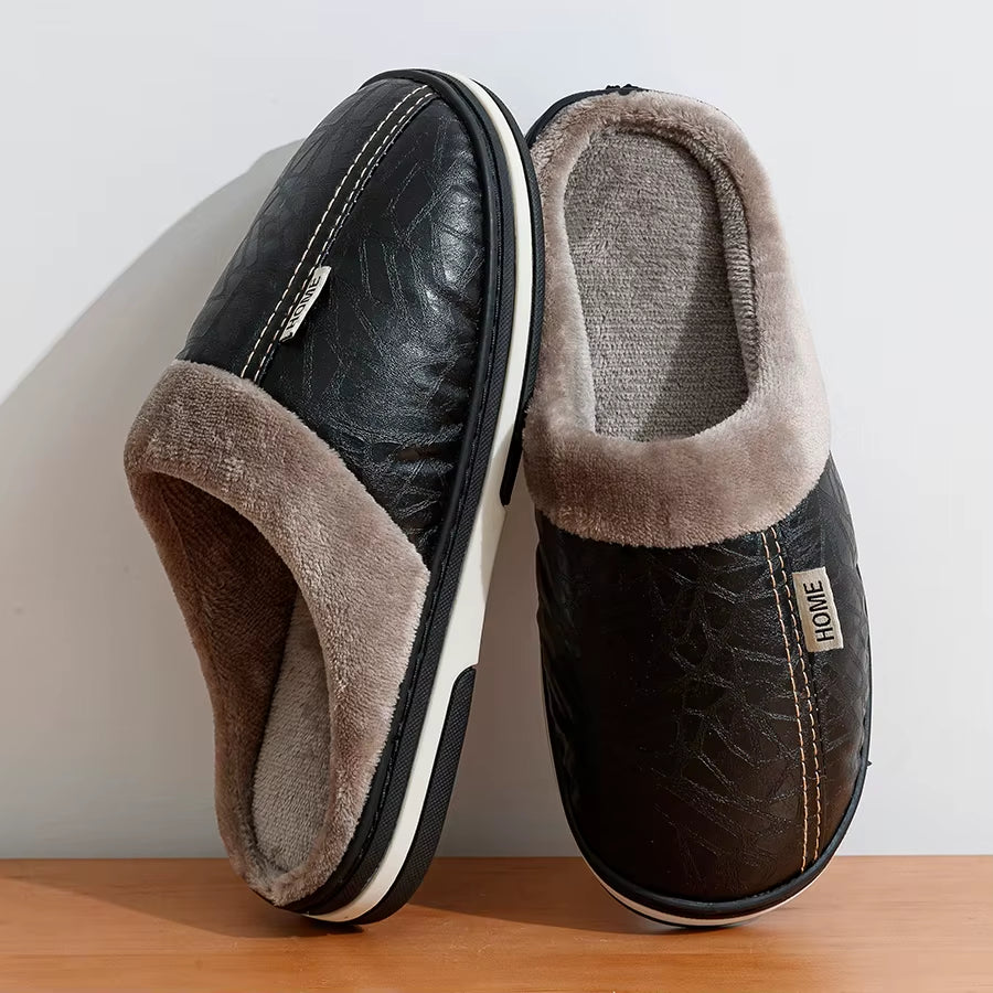 PU Leather Big Sizes Men Slippers Indoor Waterproof Fur Flat Men'S Winter Home Slipper Cotton Bedroom Houseshoes