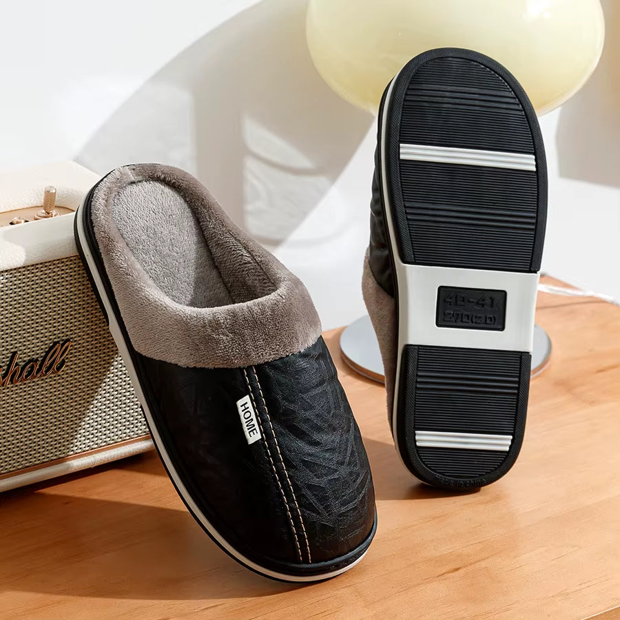 PU Leather Big Sizes Men Slippers Indoor Waterproof Fur Flat Men'S Winter Home Slipper Cotton Bedroom Houseshoes