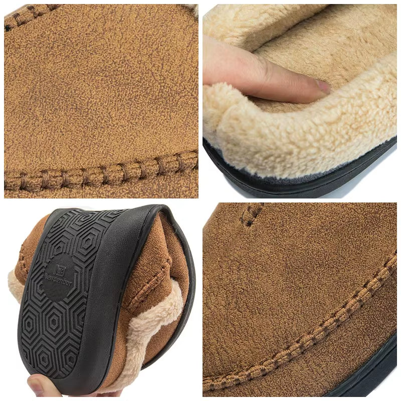 Men'S Slippers Home Winter Indoor Plush Warm Shoes Thick Bottom Plush Waterproof Leather House Slippers Man Suede Cotton Shoes