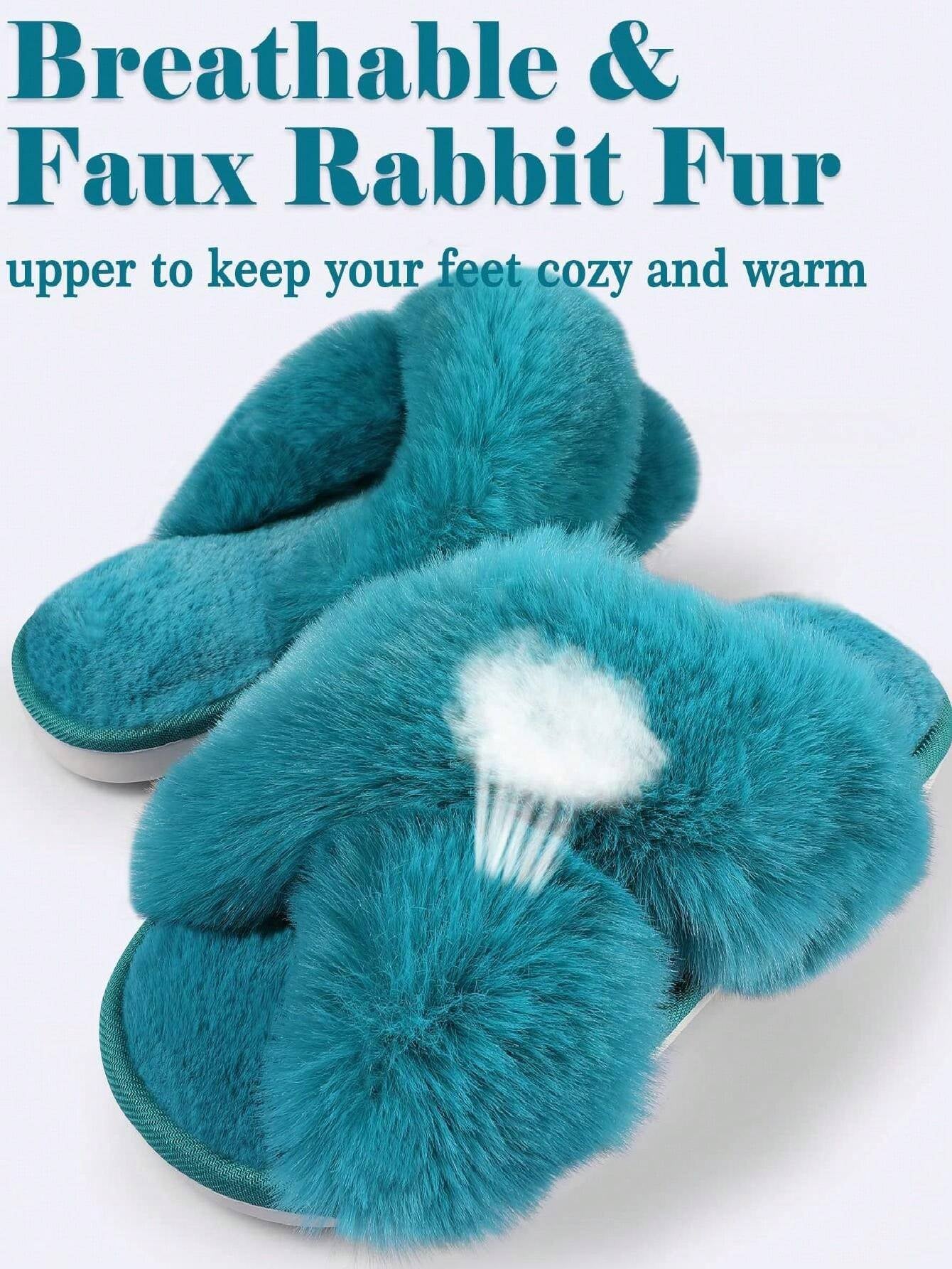 2Pair Womens Fuzzy Fluffy Slippers - Cozy, Soft, Comfy, Relax Fluffy Slippers, Cross Band, Open Toe, Non-Slip Womens Slippers, Indoor and Outdoor Fluffy Slippers, Fuzzy Slippers