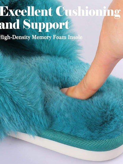 2Pair Womens Fuzzy Fluffy Slippers - Cozy, Soft, Comfy, Relax Fluffy Slippers, Cross Band, Open Toe, Non-Slip Womens Slippers, Indoor and Outdoor Fluffy Slippers, Fuzzy Slippers