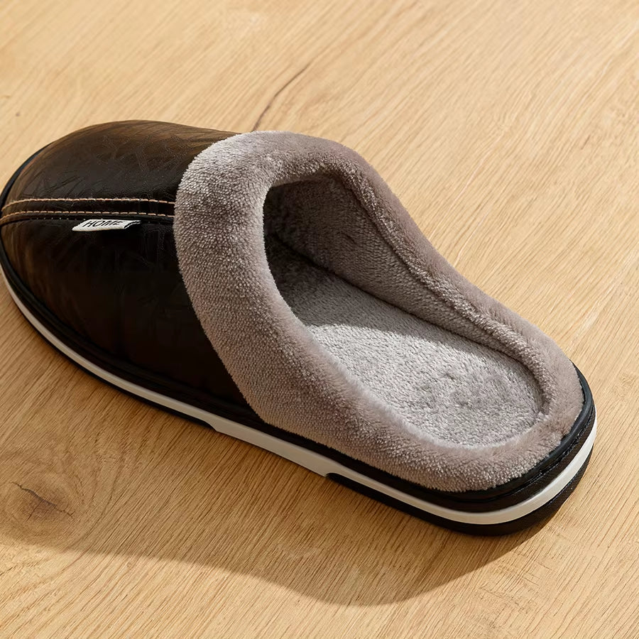 Men'S Slippers Winter Big Size Indoor Waterproof PU Leather Large Sizes Home Cotton Shoes Fur Flat Cotton Bedroom Houseshoes