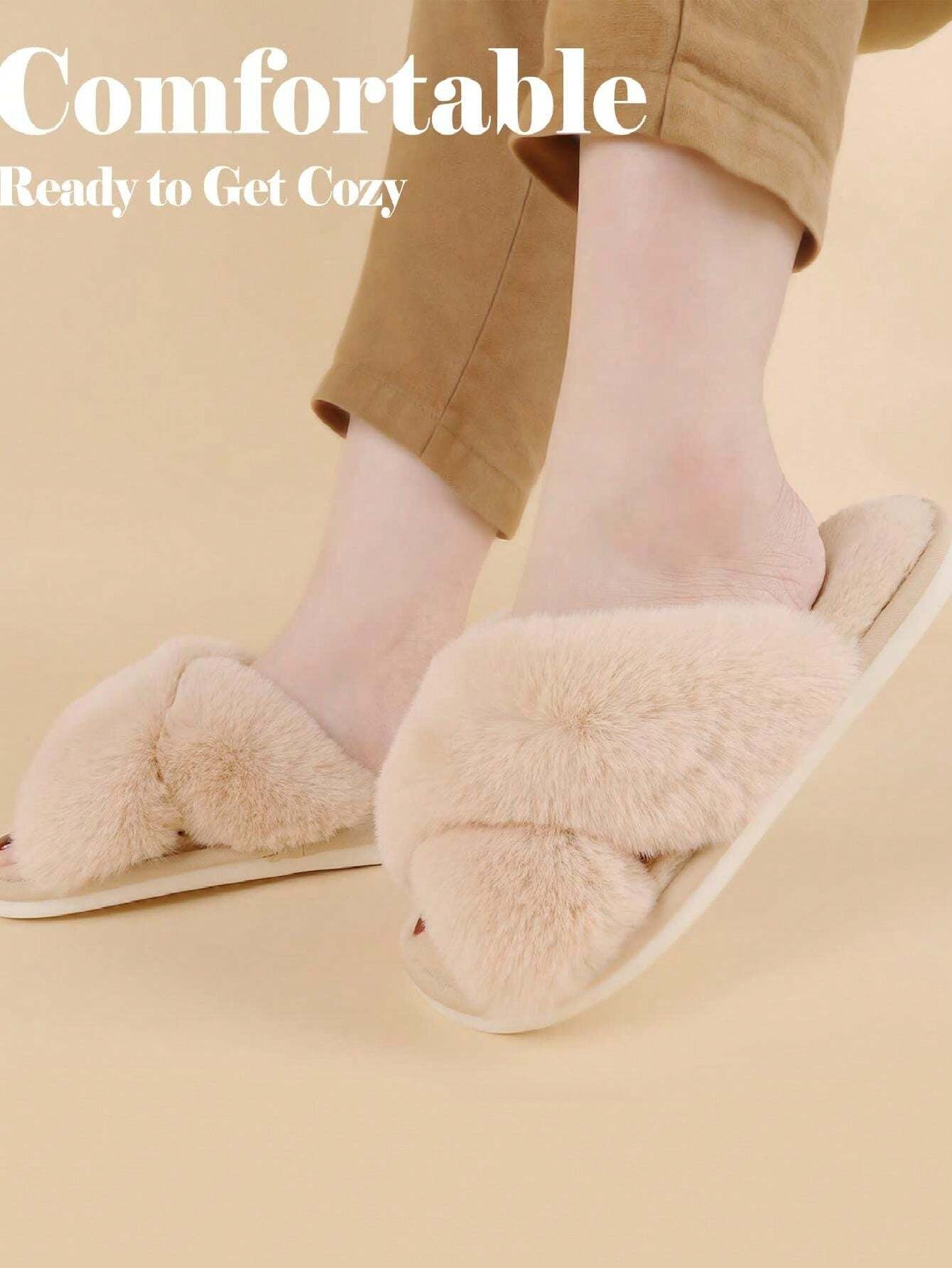 2Pair Womens Fuzzy Fluffy Slippers - Cozy, Soft, Comfy, Relax Fluffy Slippers, Cross Band, Open Toe, Non-Slip Womens Slippers, Indoor and Outdoor Fluffy Slippers, Fuzzy Slippers