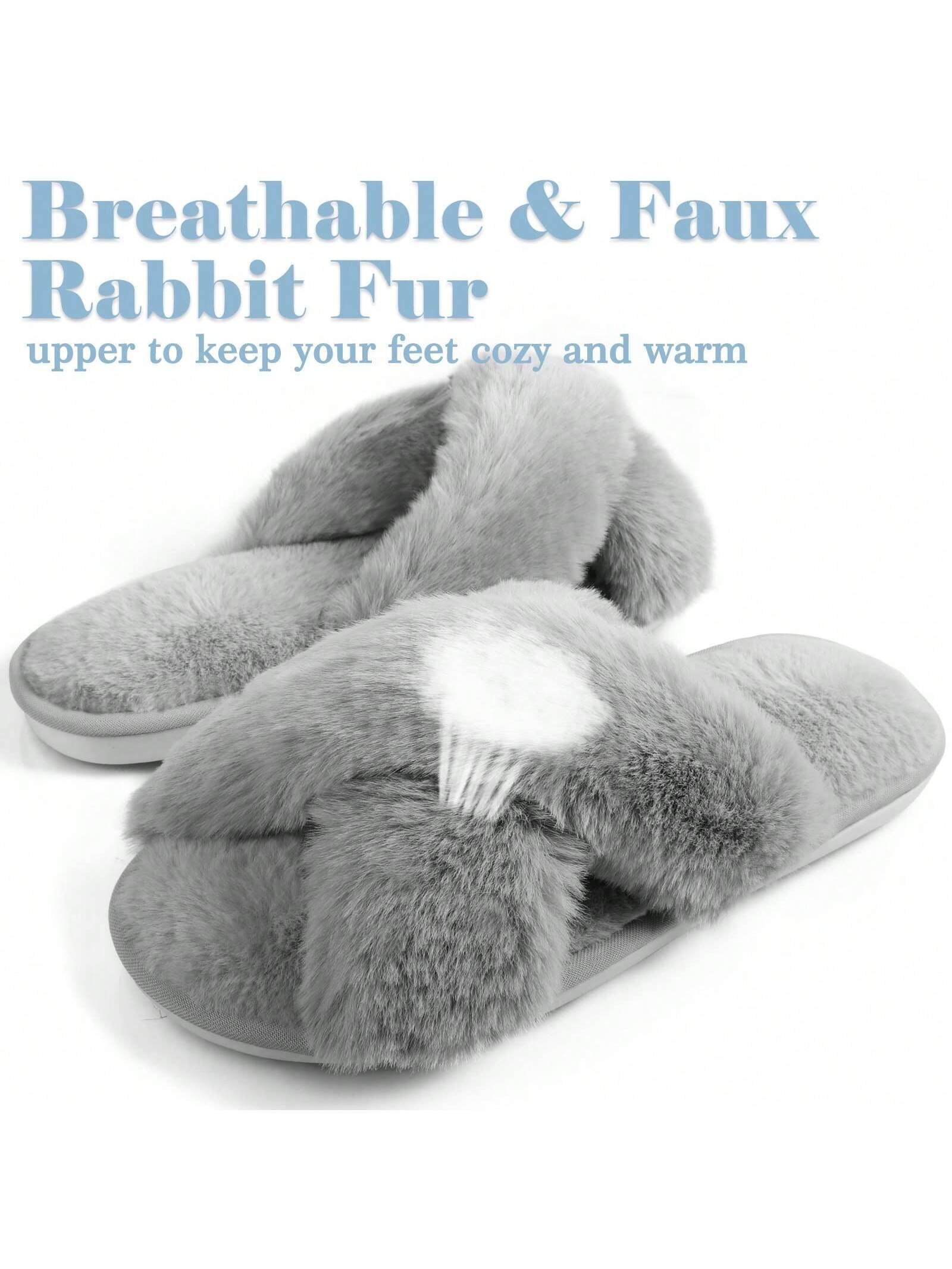 2Pair Womens Fuzzy Fluffy Slippers - Cozy, Soft, Comfy, Relax Fluffy Slippers, Cross Band, Open Toe, Non-Slip Womens Slippers, Indoor and Outdoor Fluffy Slippers, Fuzzy Slippers