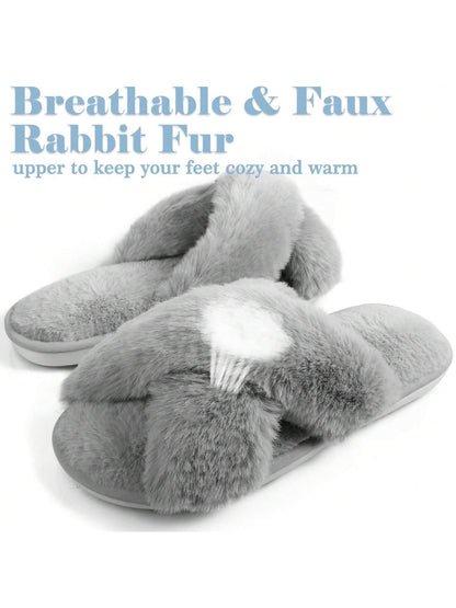 2Pair Womens Fuzzy Fluffy Slippers - Cozy, Soft, Comfy, Relax Fluffy Slippers, Cross Band, Open Toe, Non-Slip Womens Slippers, Indoor and Outdoor Fluffy Slippers, Fuzzy Slippers