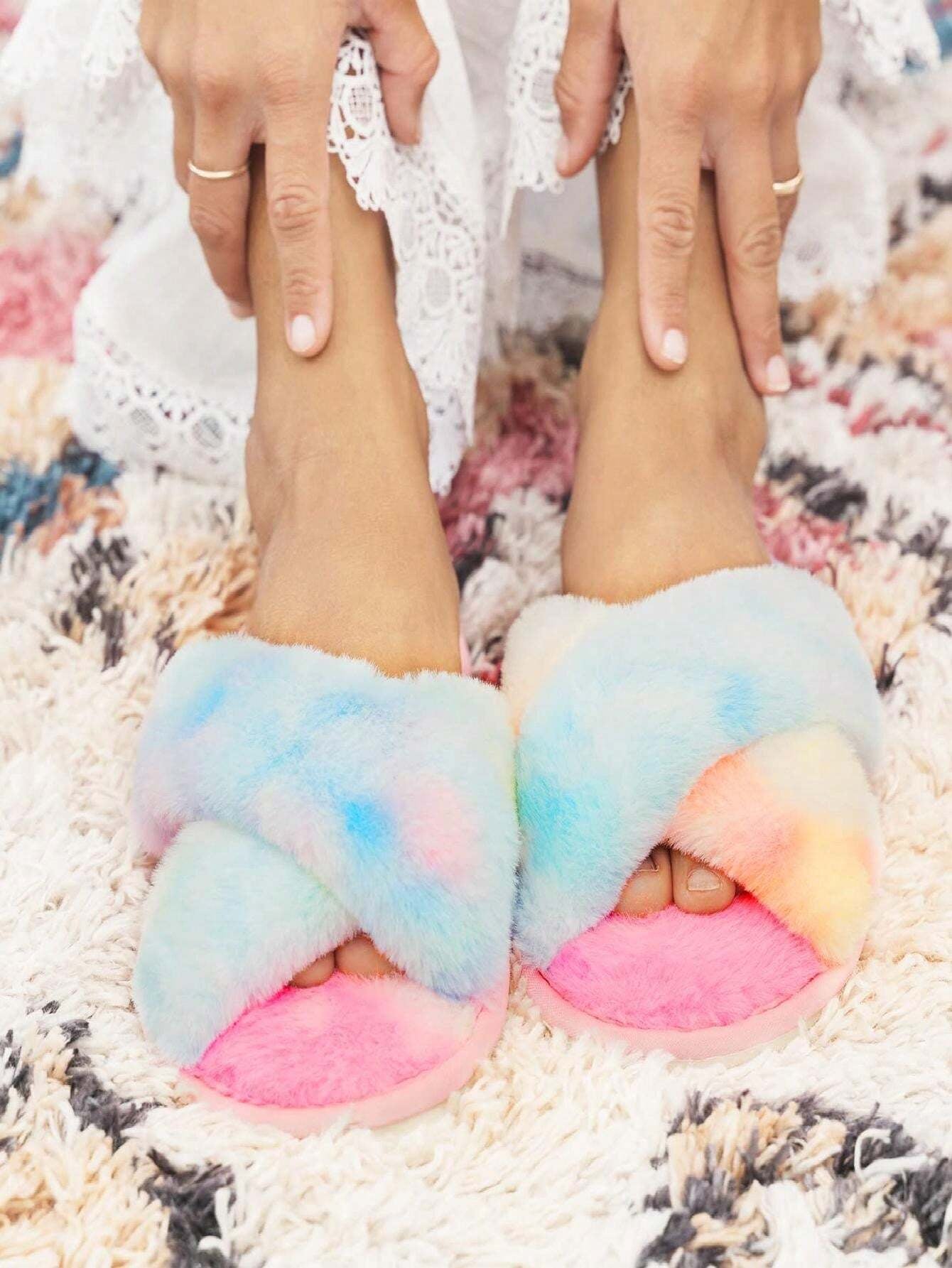 2Pair Womens Fuzzy Fluffy Slippers - Cozy, Soft, Comfy, Relax Fluffy Slippers, Cross Band, Open Toe, Non-Slip Womens Slippers, Indoor and Outdoor Fluffy Slippers, Fuzzy Slippers