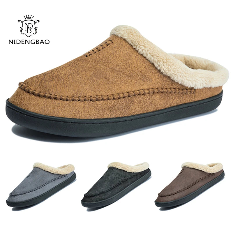 Men'S Slippers Home Winter Indoor Plush Warm Shoes Thick Bottom Plush Waterproof Leather House Slippers Man Suede Cotton Shoes