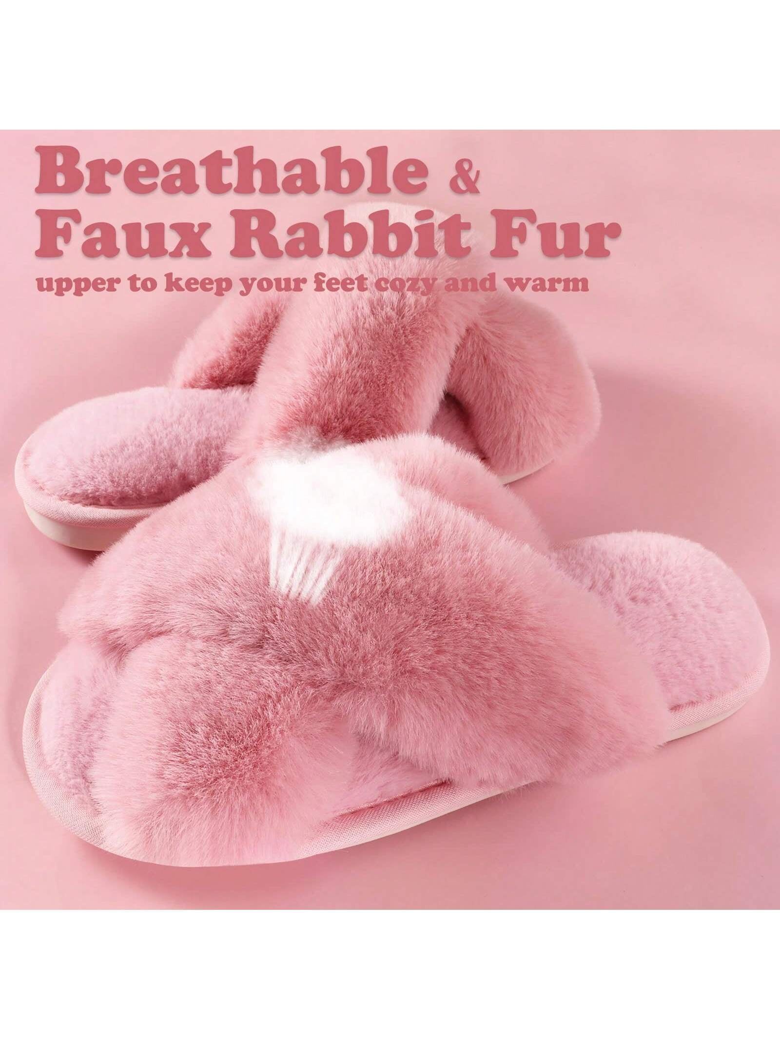 2Pair Womens Fuzzy Fluffy Slippers - Cozy, Soft, Comfy, Relax Fluffy Slippers, Cross Band, Open Toe, Non-Slip Womens Slippers, Indoor and Outdoor Fluffy Slippers, Fuzzy Slippers