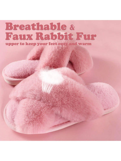 2Pair Womens Fuzzy Fluffy Slippers - Cozy, Soft, Comfy, Relax Fluffy Slippers, Cross Band, Open Toe, Non-Slip Womens Slippers, Indoor and Outdoor Fluffy Slippers, Fuzzy Slippers