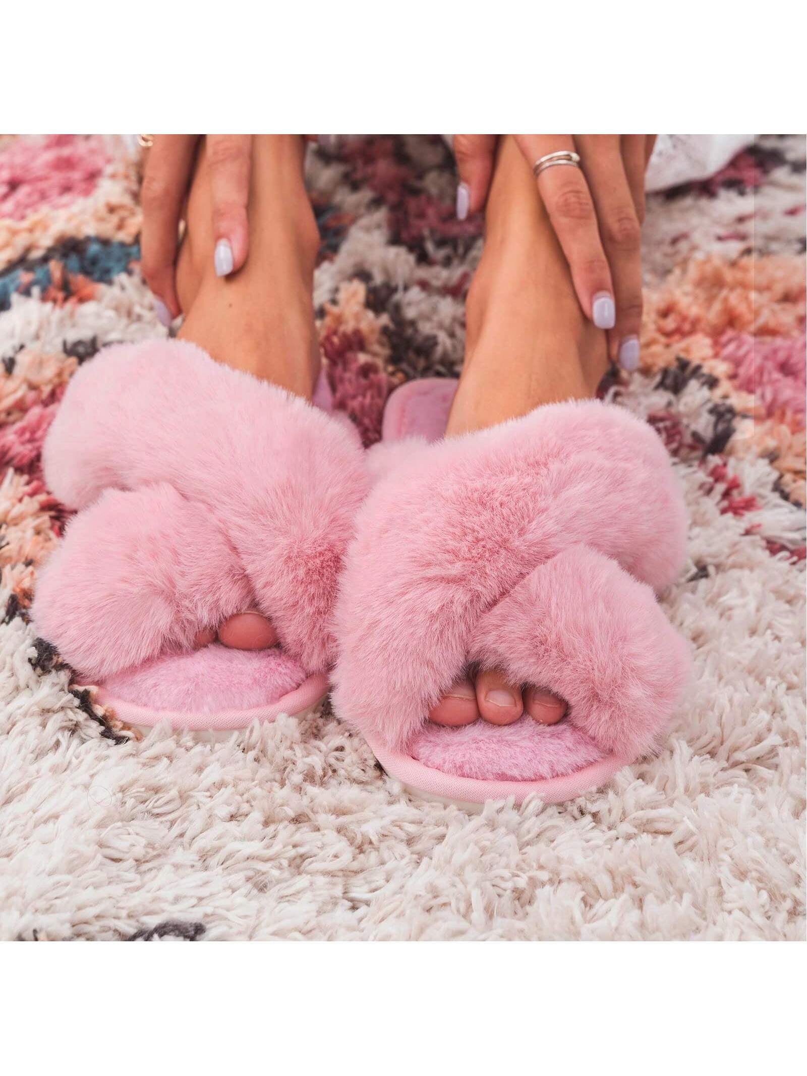 2Pair Womens Fuzzy Fluffy Slippers - Cozy, Soft, Comfy, Relax Fluffy Slippers, Cross Band, Open Toe, Non-Slip Womens Slippers, Indoor and Outdoor Fluffy Slippers, Fuzzy Slippers