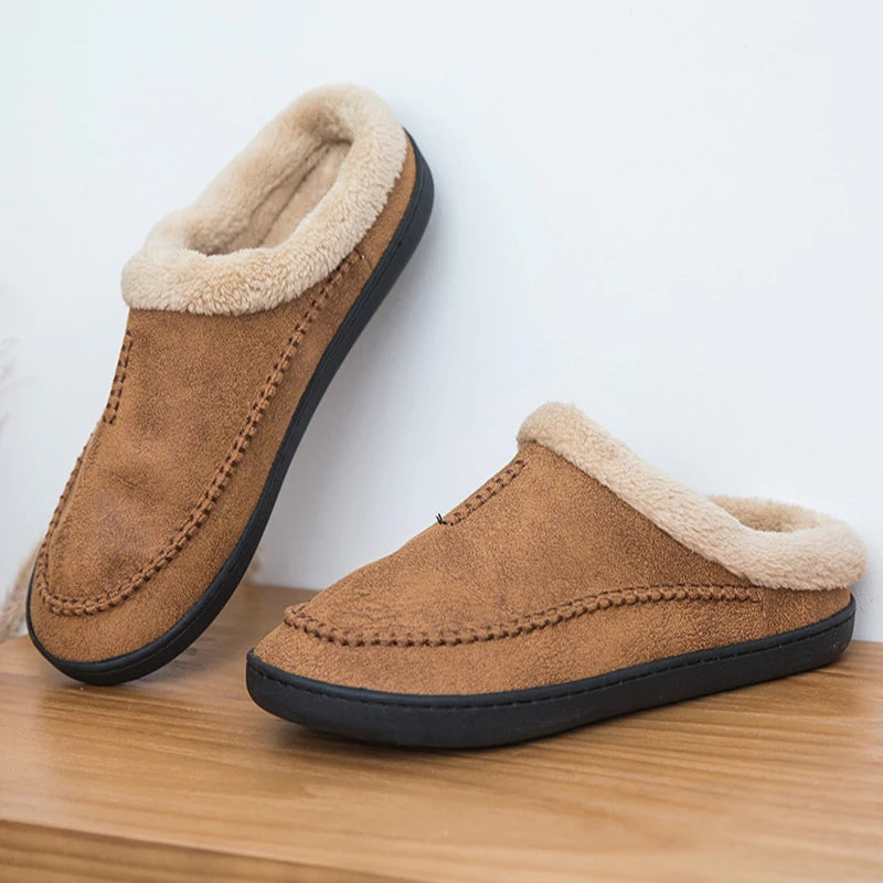 Men'S Slippers Home Winter Indoor Plush Warm Shoes Thick Bottom Plush Waterproof Leather House Slippers Man Suede Cotton Shoes