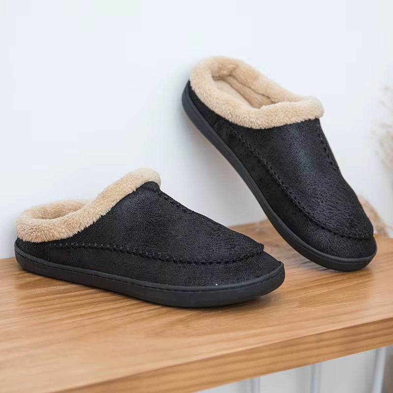 Men'S Slippers Home Winter Indoor Plush Warm Shoes Thick Bottom Plush Waterproof Leather House Slippers Man Suede Cotton Shoes