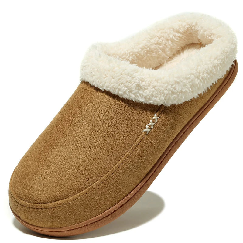 Men'S Slippers Home Winter Indoor Plush Warm Shoes Thick Bottom Plush Waterproof Leather House Slippers Man Suede Cotton Shoes