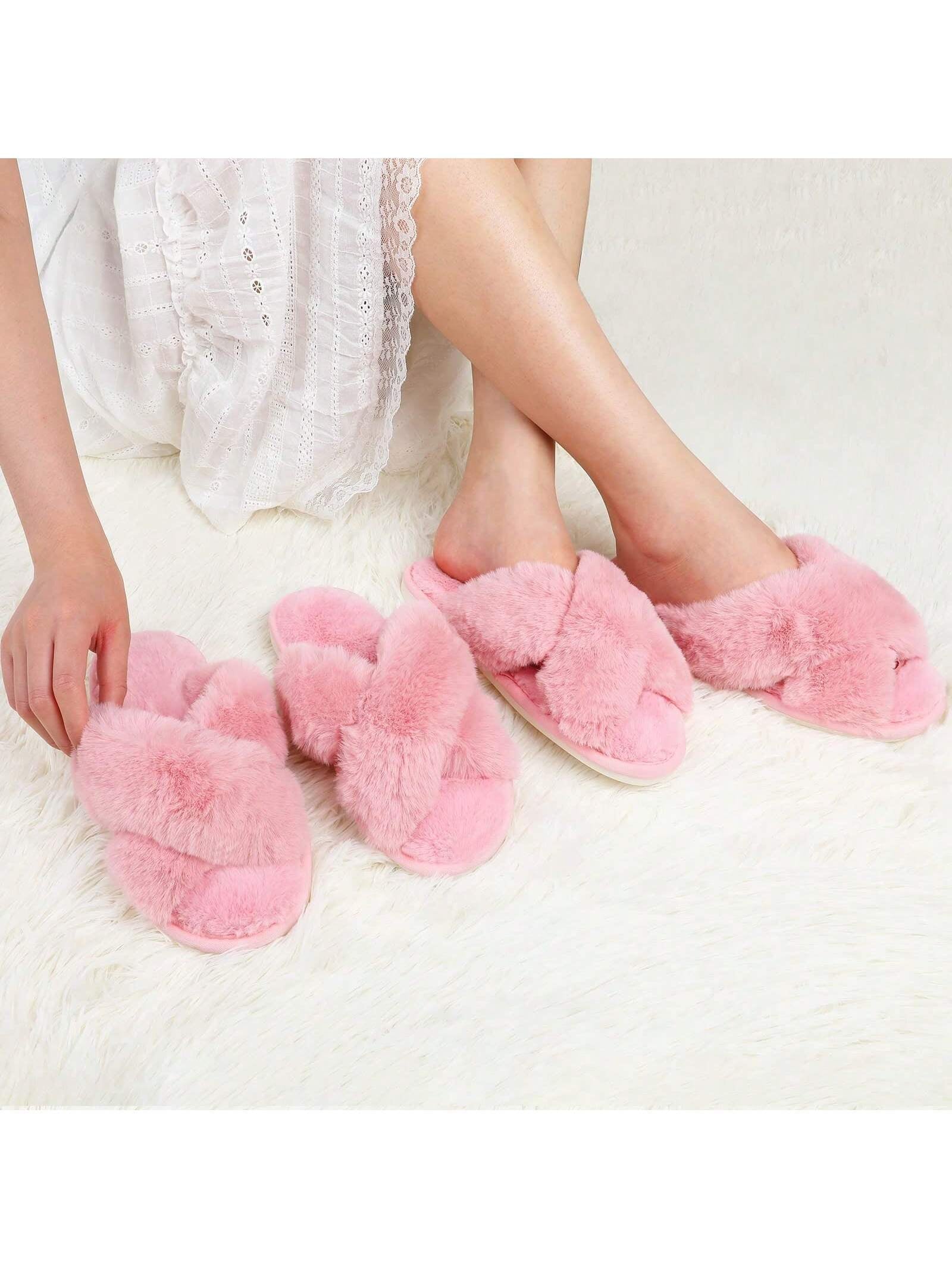 2Pair Womens Fuzzy Fluffy Slippers - Cozy, Soft, Comfy, Relax Fluffy Slippers, Cross Band, Open Toe, Non-Slip Womens Slippers, Indoor and Outdoor Fluffy Slippers, Fuzzy Slippers