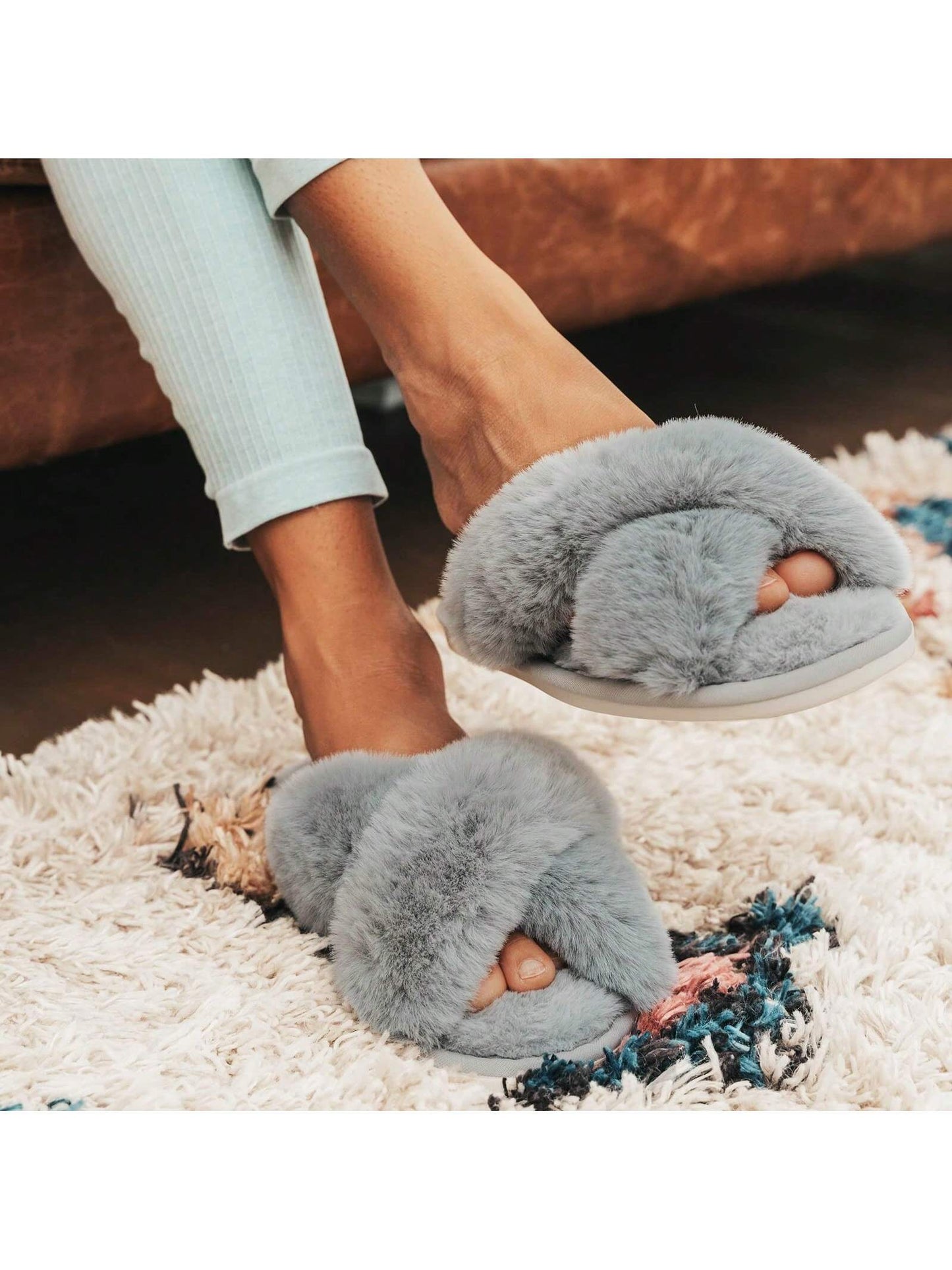 2Pair Womens Fuzzy Fluffy Slippers - Cozy, Soft, Comfy, Relax Fluffy Slippers, Cross Band, Open Toe, Non-Slip Womens Slippers, Indoor and Outdoor Fluffy Slippers, Fuzzy Slippers