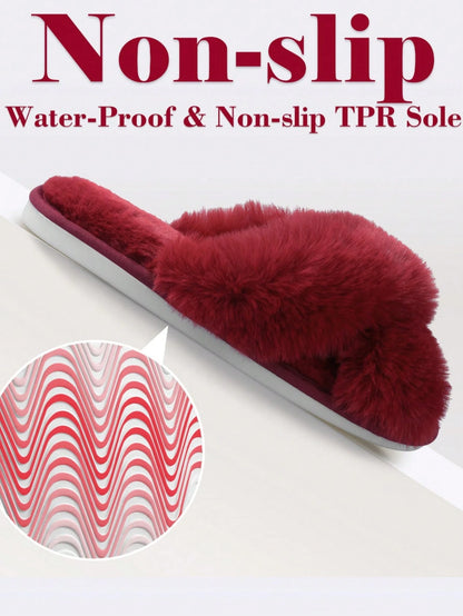 2Pair Womens Fuzzy Fluffy Slippers - Cozy, Soft, Comfy, Relax Fluffy Slippers, Cross Band, Open Toe, Non-Slip Womens Slippers, Indoor and Outdoor Fluffy Slippers, Fuzzy Slippers