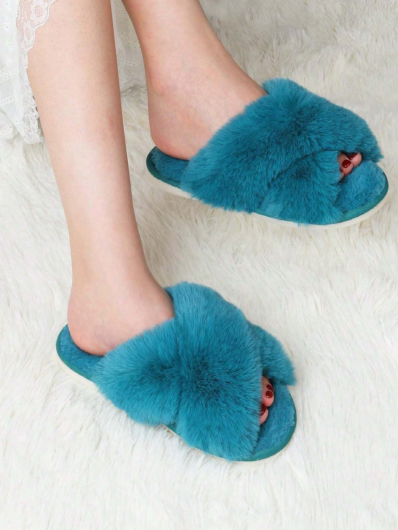 2Pair Womens Fuzzy Fluffy Slippers - Cozy, Soft, Comfy, Relax Fluffy Slippers, Cross Band, Open Toe, Non-Slip Womens Slippers, Indoor and Outdoor Fluffy Slippers, Fuzzy Slippers