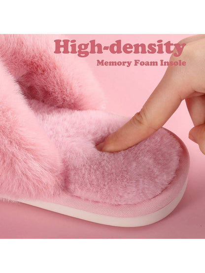 2Pair Womens Fuzzy Fluffy Slippers - Cozy, Soft, Comfy, Relax Fluffy Slippers, Cross Band, Open Toe, Non-Slip Womens Slippers, Indoor and Outdoor Fluffy Slippers, Fuzzy Slippers
