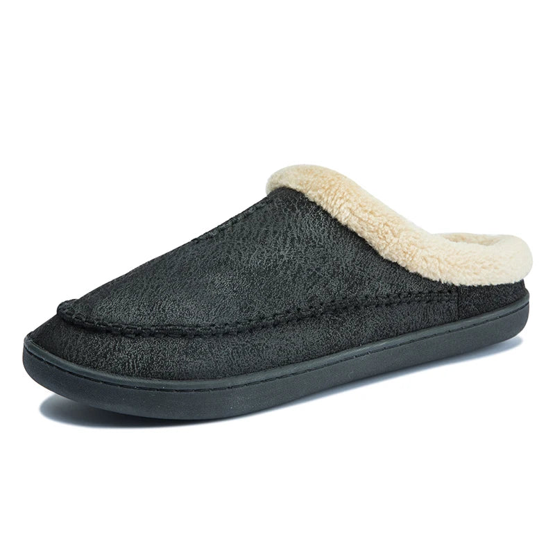 Men'S Slippers Home Winter Indoor Plush Warm Shoes Thick Bottom Plush Waterproof Leather House Slippers Man Suede Cotton Shoes