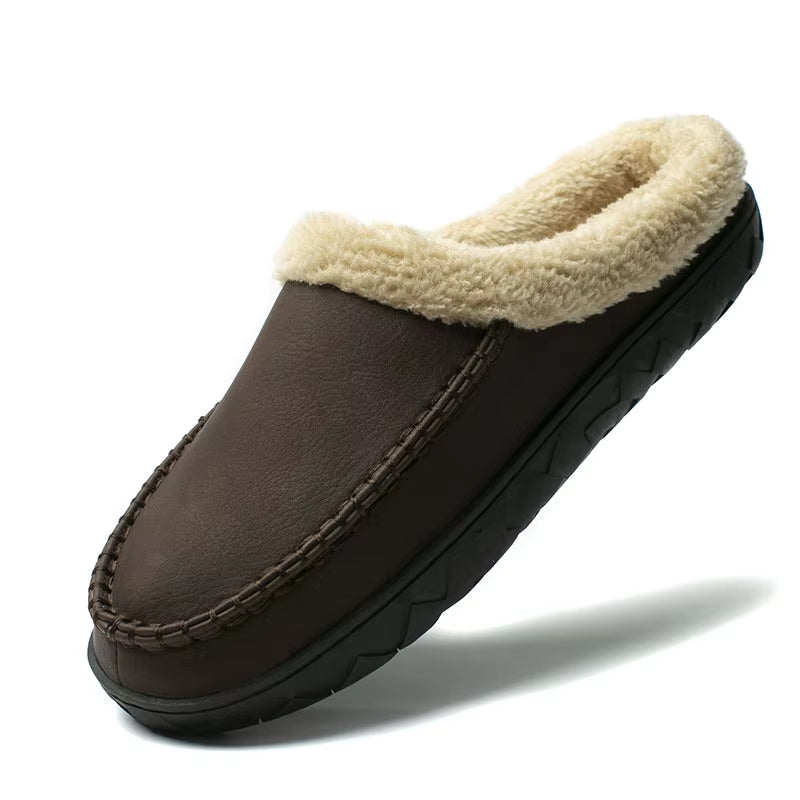 Men'S Slippers Home Winter Indoor Plush Warm Shoes Thick Bottom Plush Waterproof Leather House Slippers Man Suede Cotton Shoes