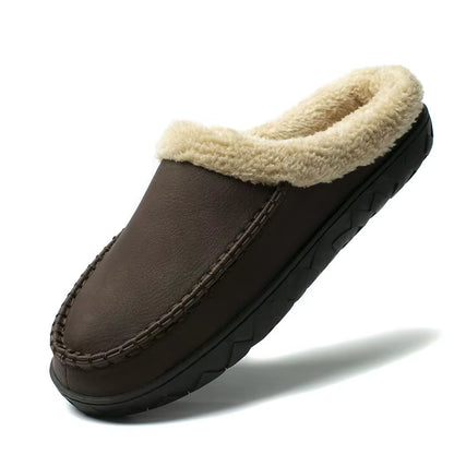 Men'S Slippers Home Winter Indoor Plush Warm Shoes Thick Bottom Plush Waterproof Leather House Slippers Man Suede Cotton Shoes