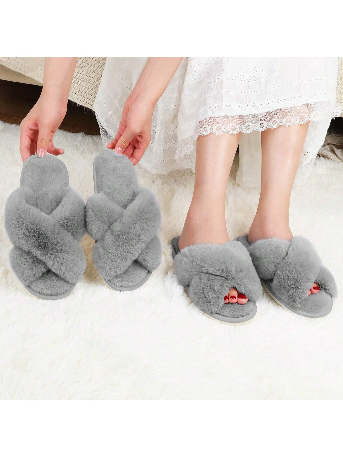 2Pair Womens Fuzzy Fluffy Slippers - Cozy, Soft, Comfy, Relax Fluffy Slippers, Cross Band, Open Toe, Non-Slip Womens Slippers, Indoor and Outdoor Fluffy Slippers, Fuzzy Slippers