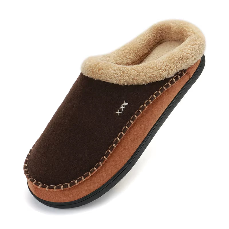 Men'S Slippers Home Winter Indoor Plush Warm Shoes Thick Bottom Plush Waterproof Leather House Slippers Man Suede Cotton Shoes