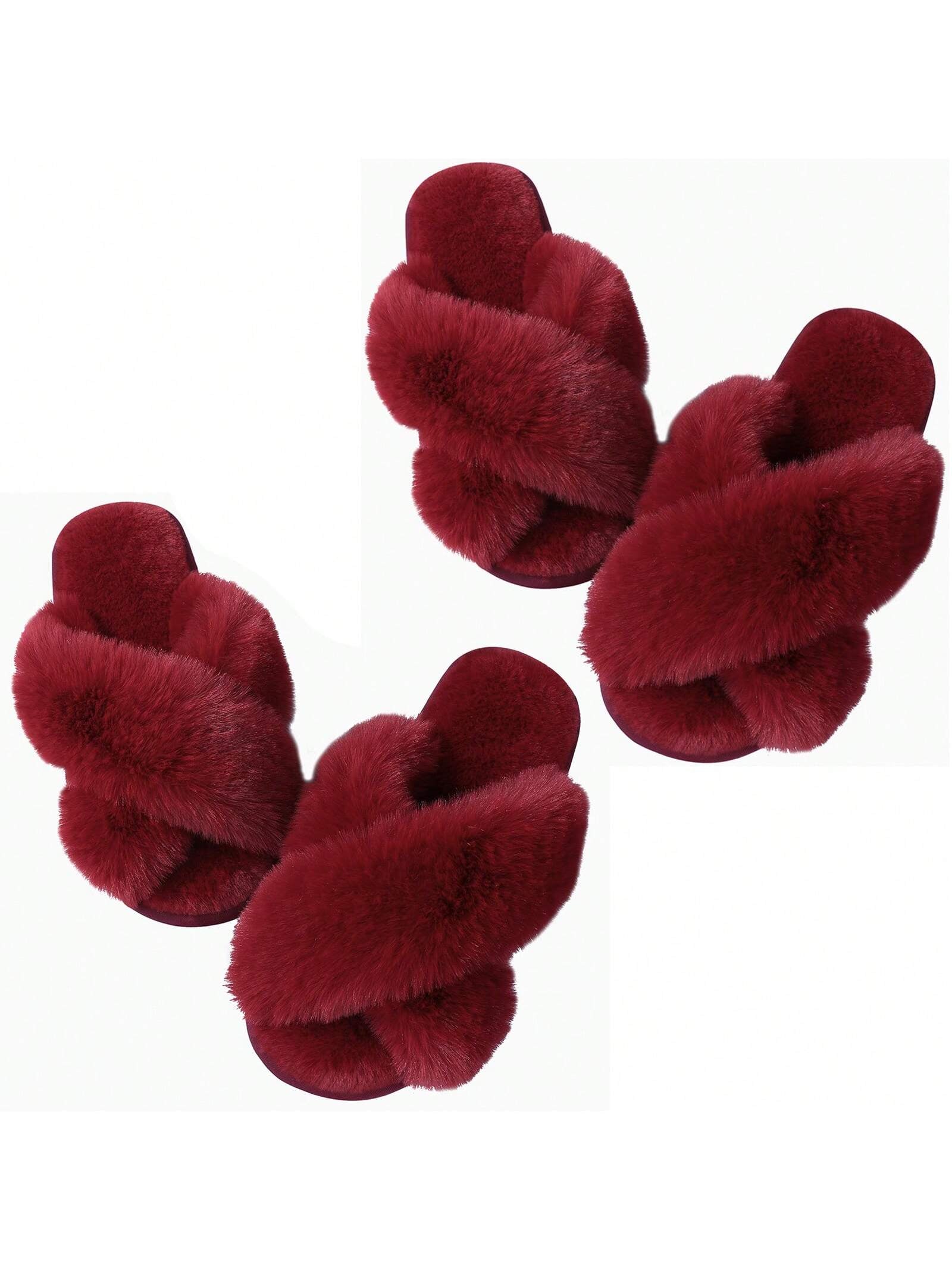 2Pair Womens Fuzzy Fluffy Slippers - Cozy, Soft, Comfy, Relax Fluffy Slippers, Cross Band, Open Toe, Non-Slip Womens Slippers, Indoor and Outdoor Fluffy Slippers, Fuzzy Slippers