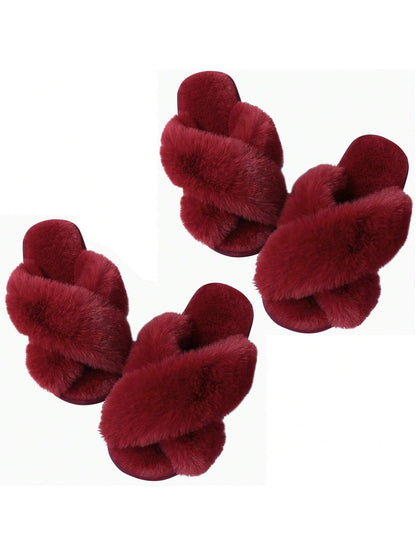 2Pair Womens Fuzzy Fluffy Slippers - Cozy, Soft, Comfy, Relax Fluffy Slippers, Cross Band, Open Toe, Non-Slip Womens Slippers, Indoor and Outdoor Fluffy Slippers, Fuzzy Slippers