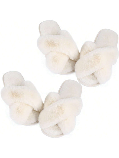 2Pair Womens Fuzzy Fluffy Slippers - Cozy, Soft, Comfy, Relax Fluffy Slippers, Cross Band, Open Toe, Non-Slip Womens Slippers, Indoor and Outdoor Fluffy Slippers, Fuzzy Slippers