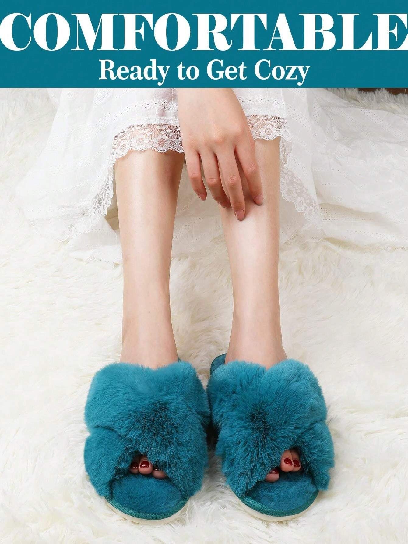 2Pair Womens Fuzzy Fluffy Slippers - Cozy, Soft, Comfy, Relax Fluffy Slippers, Cross Band, Open Toe, Non-Slip Womens Slippers, Indoor and Outdoor Fluffy Slippers, Fuzzy Slippers